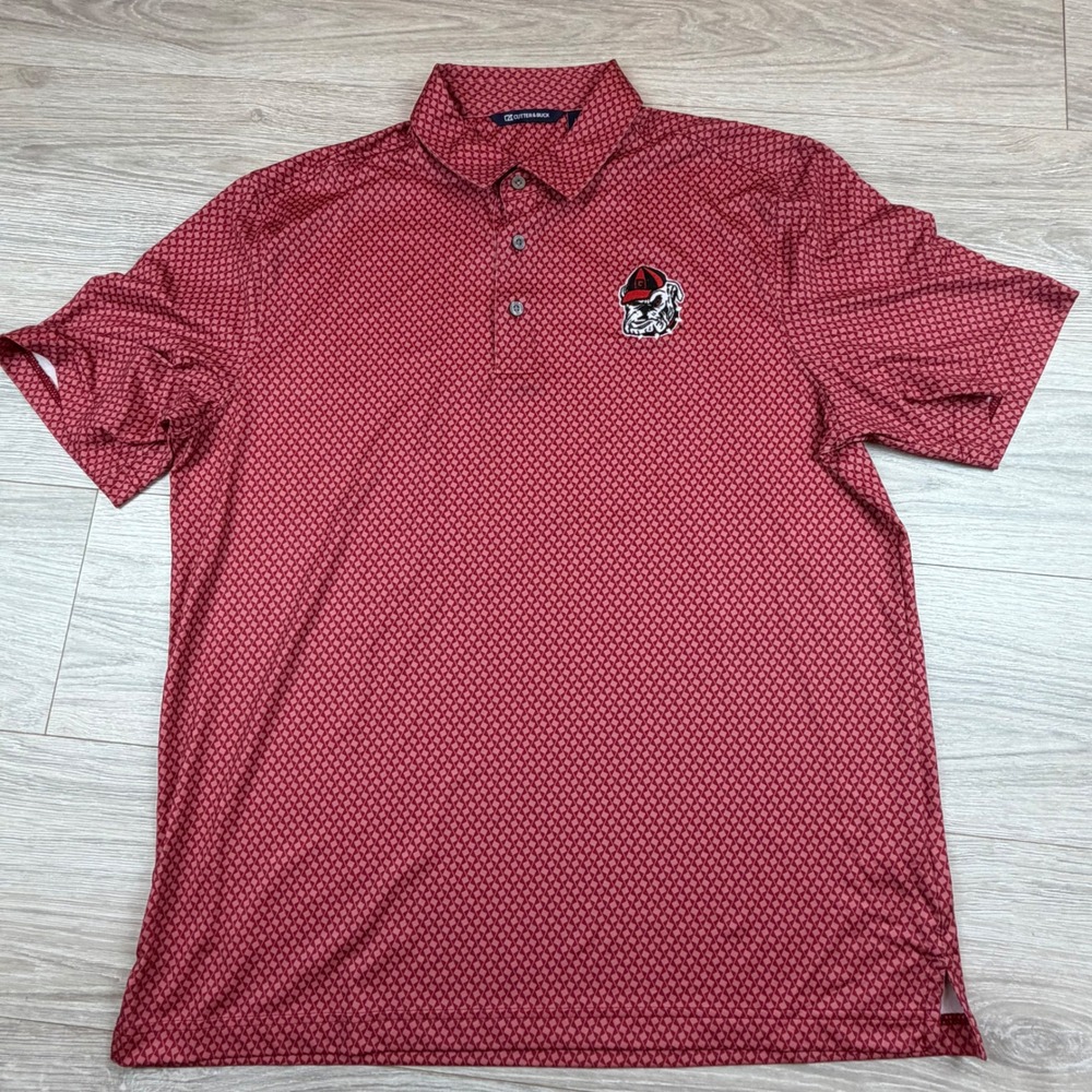 Cutter Buck Mens L G Red All Over Pattern Bulldog Logo‎ Golf Polo Shirt